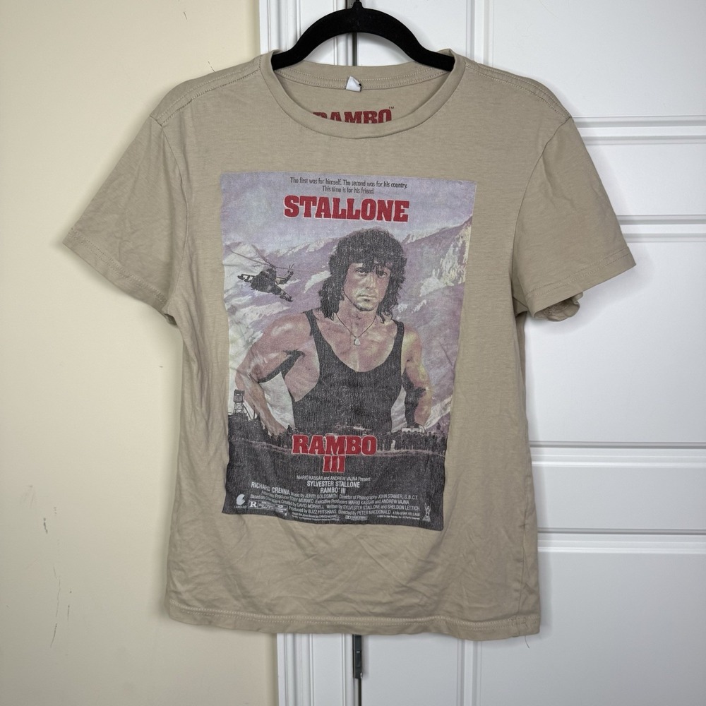 Rambo III Baby Tee Women's Small Beige Rambo With Helicopter Poster Retro